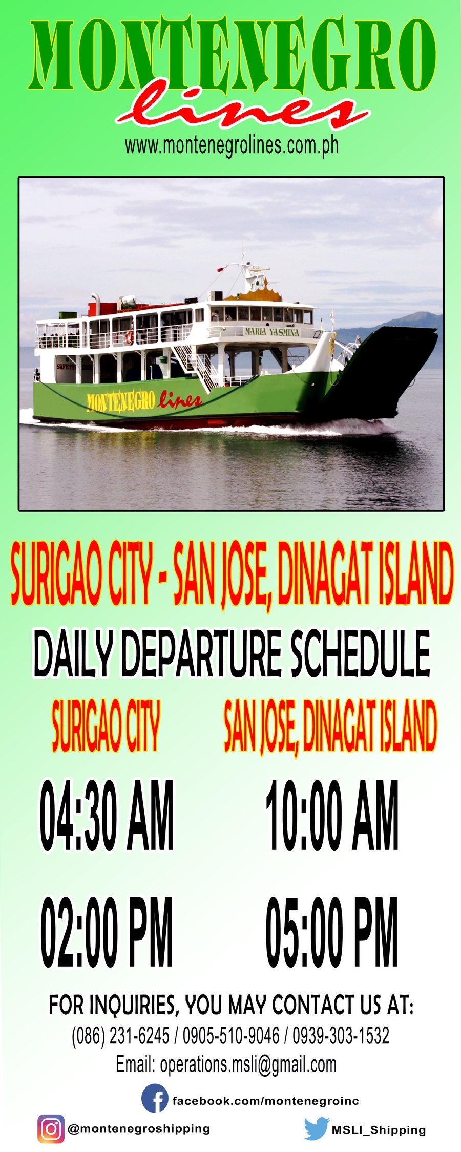 Montenegro Lines Surigao City-San Jose, Dinagat Island Ferry Schedule
