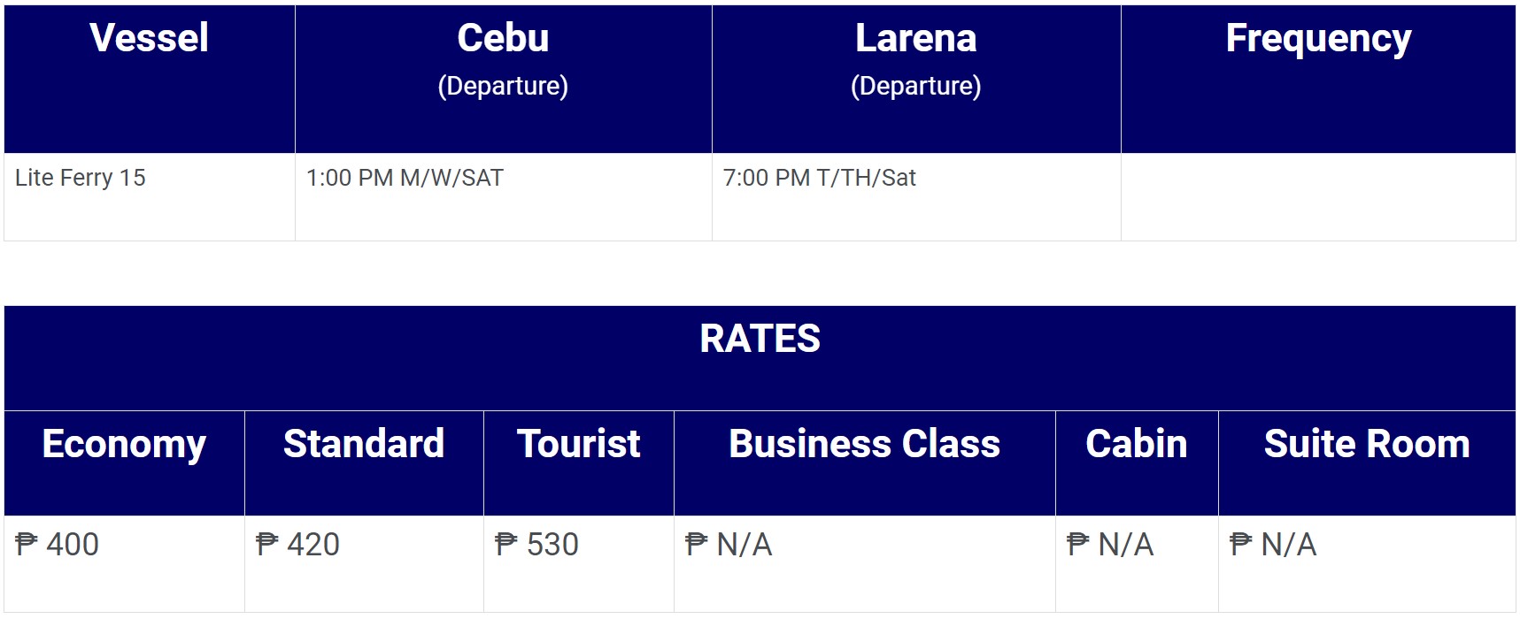 Lite Ferries Cebu-Larena Schedule and Fare Rates