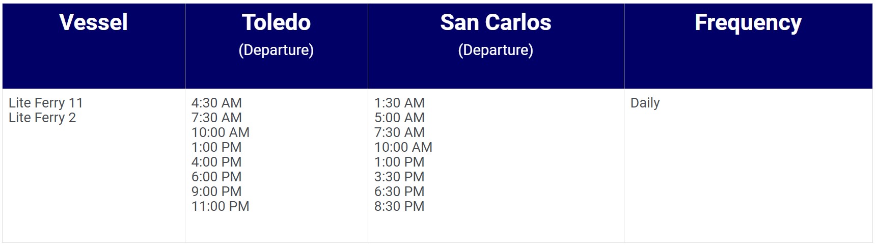 Lite Ferries San Carlos-Toledo Ferry Schedules
