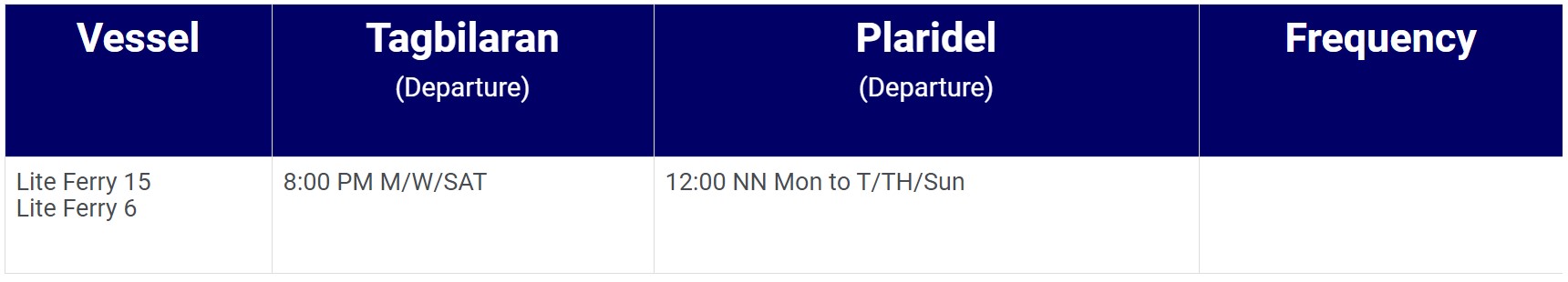 Lite Ferry Plaridel-Tagbilaran Ferry Schedules