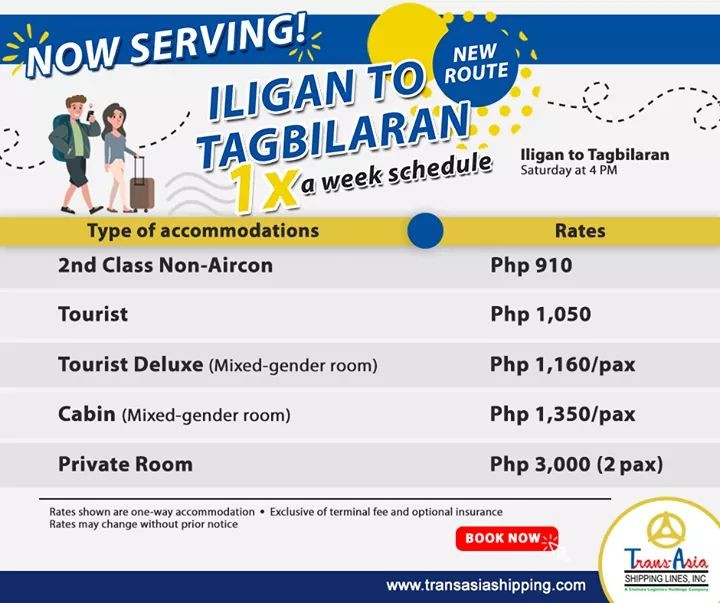 Trans-Asia Iligan to Tagbilaran Schedule and Fares