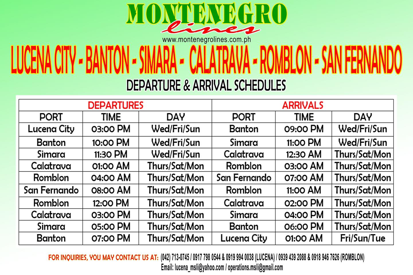 Montenegro Lines Lucena-Banton Romblon Ferry Schedule